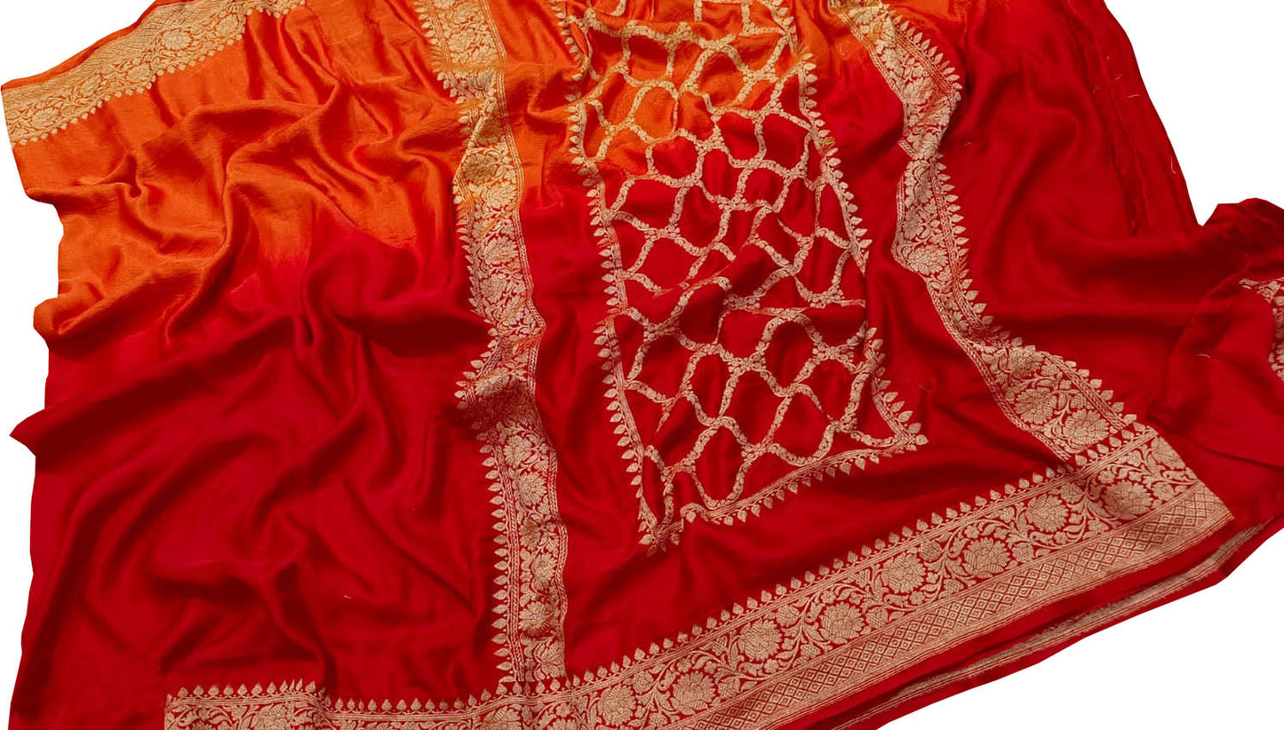 Vibrant Red & Orange Banarasi Silk Saree - Luxurion World