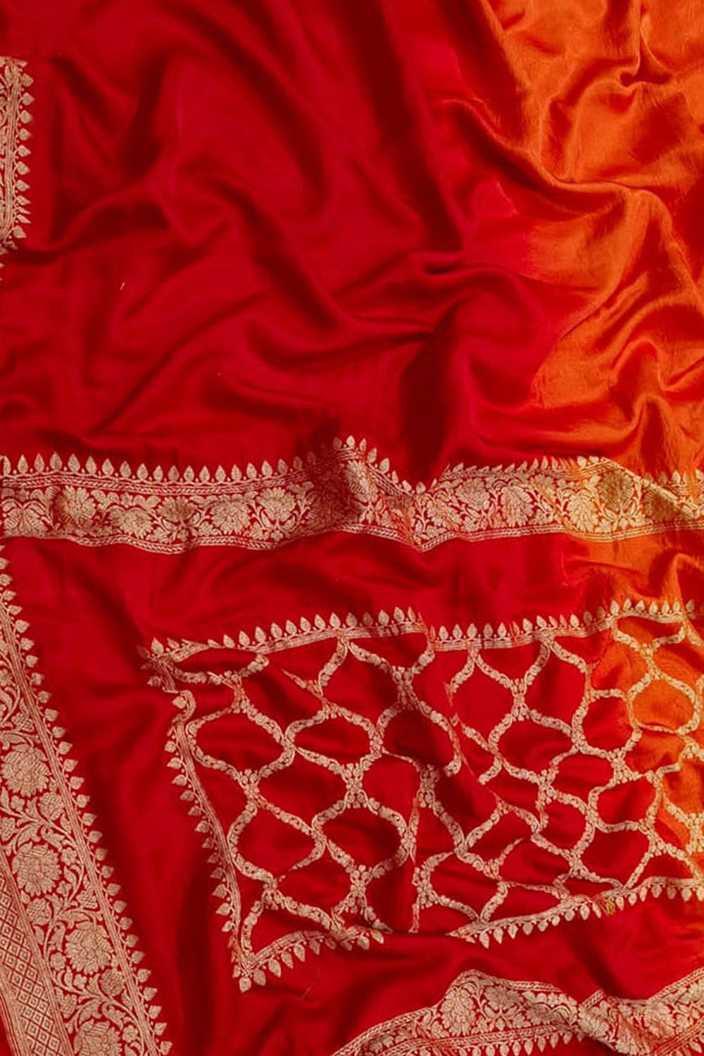 Vibrant Red & Orange Banarasi Silk Saree - Luxurion World