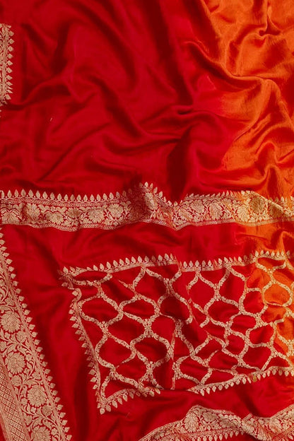 Vibrant Red & Orange Banarasi Silk Saree - Luxurion World