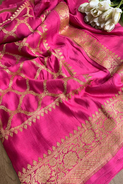 Exquisite Pink Banarasi Handloom Pure Mashru Satin Kadwa Saree - Luxurion World