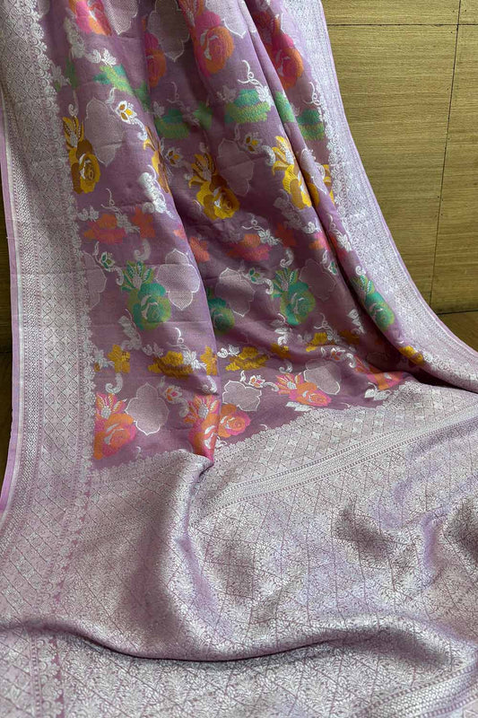 Stunning Pink Banarasi Handloom Tussar Silk Meenakari Saree - Luxurion World