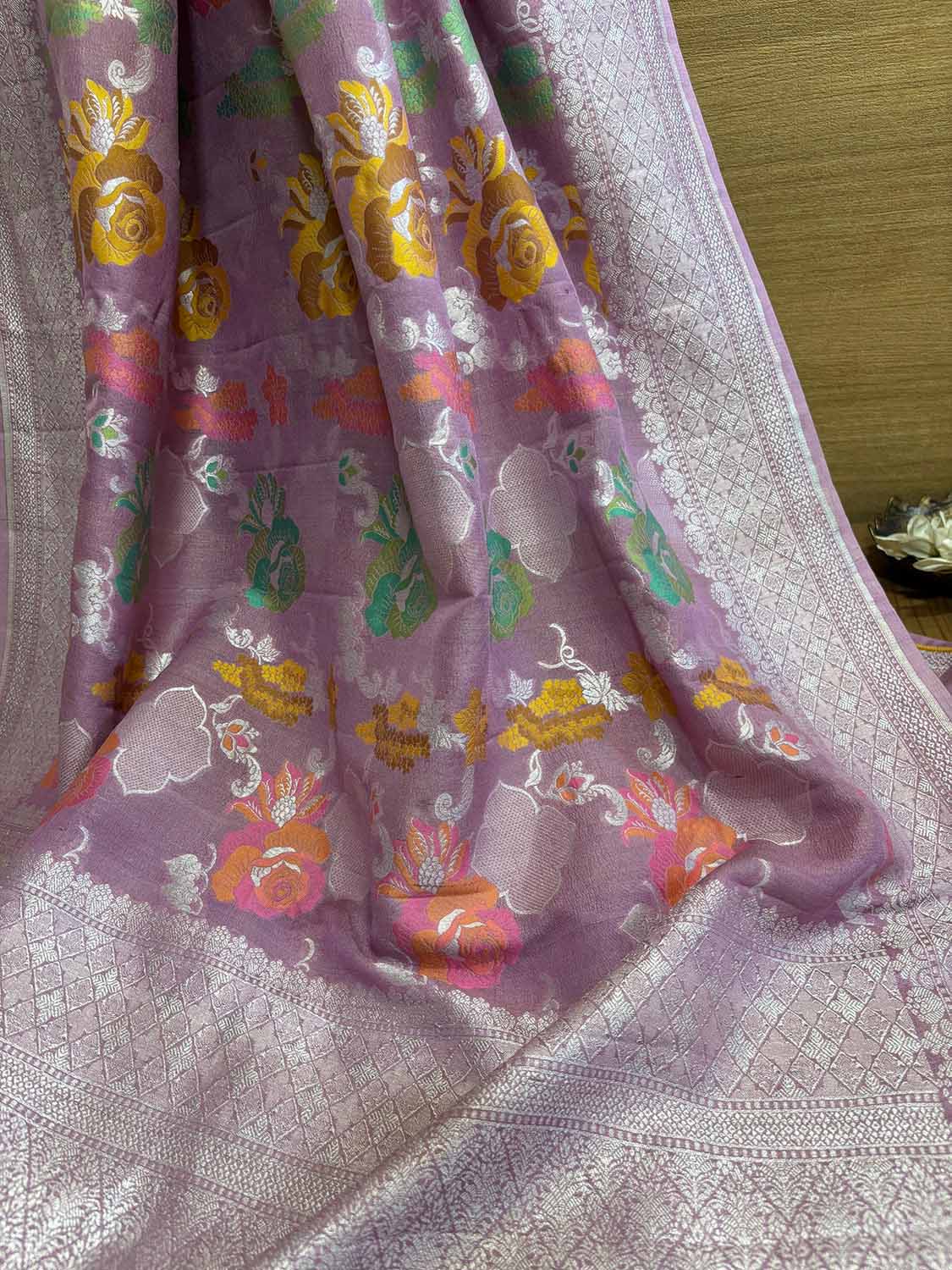 Stunning Pink Banarasi Handloom Tussar Silk Meenakari Saree - Luxurion World