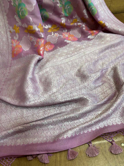 Stunning Pink Banarasi Handloom Tussar Silk Meenakari Saree - Luxurion World