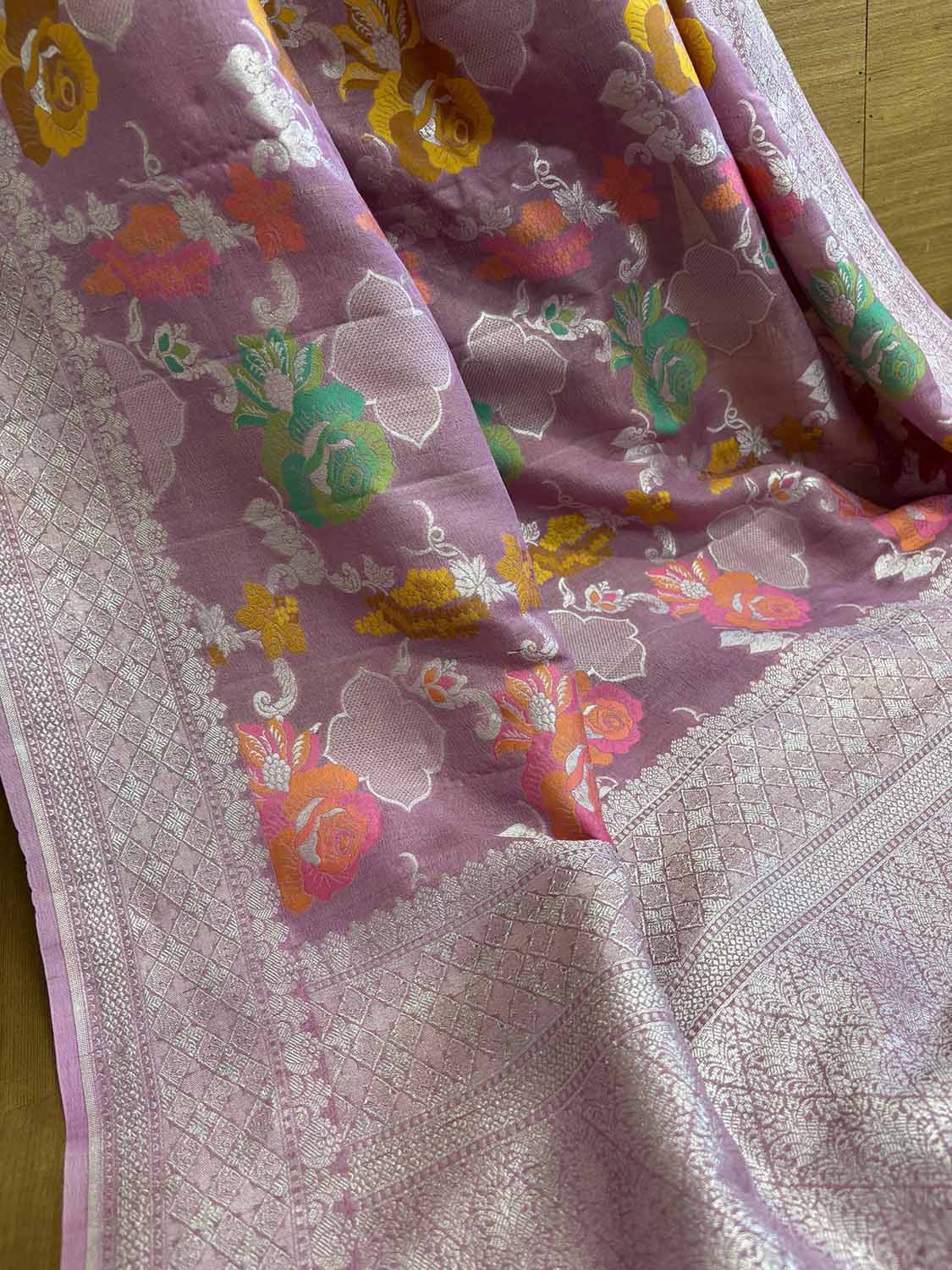 Stunning Pink Banarasi Handloom Tussar Silk Meenakari Saree - Luxurion World