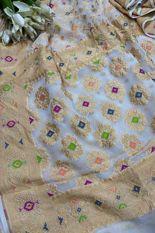 Dyeable Handloom Banarasi Pure Georgette Neemzari Meenakari Saree - Luxurion World