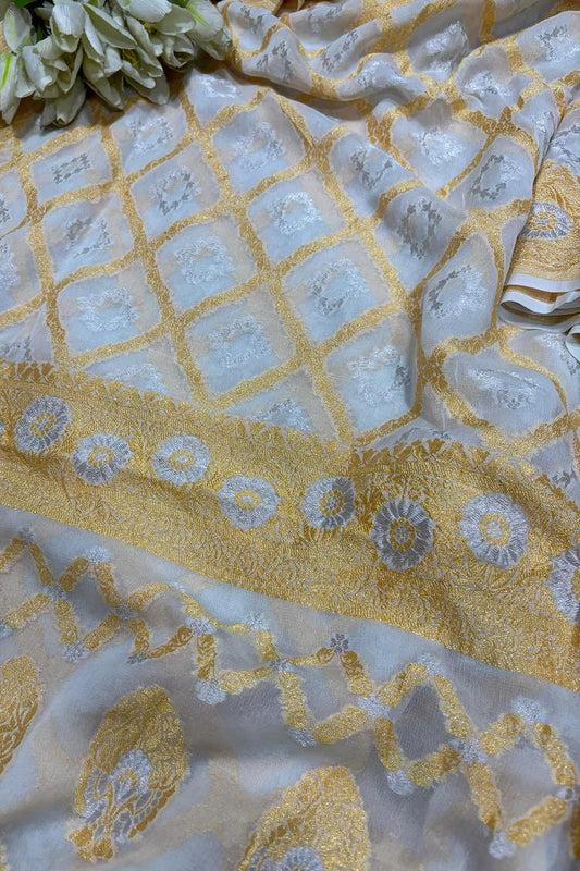 Dyeable Handloom Banarasi Pure Georgette Neemzari Saree - Luxurion World