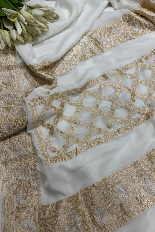 Dyeable Handloom Banarasi Pure Georgette Kadwa Booti Design Saree - Luxurion World