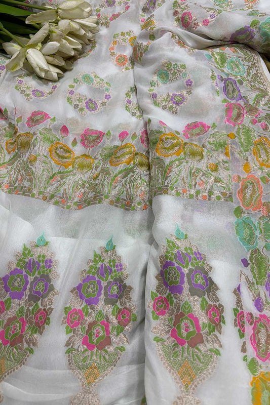 Dyeable Handloom Banarasi Pure Georgette Multi Meenakari Flower Design Saree - Luxurion World