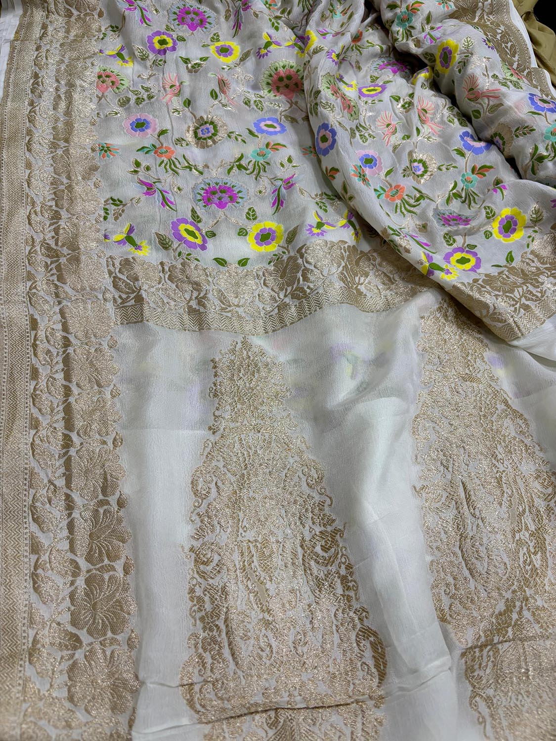 Dyeable Handloom Banarasi Pure Georgette Multi Meenakari Flower Design Saree - Luxurion World