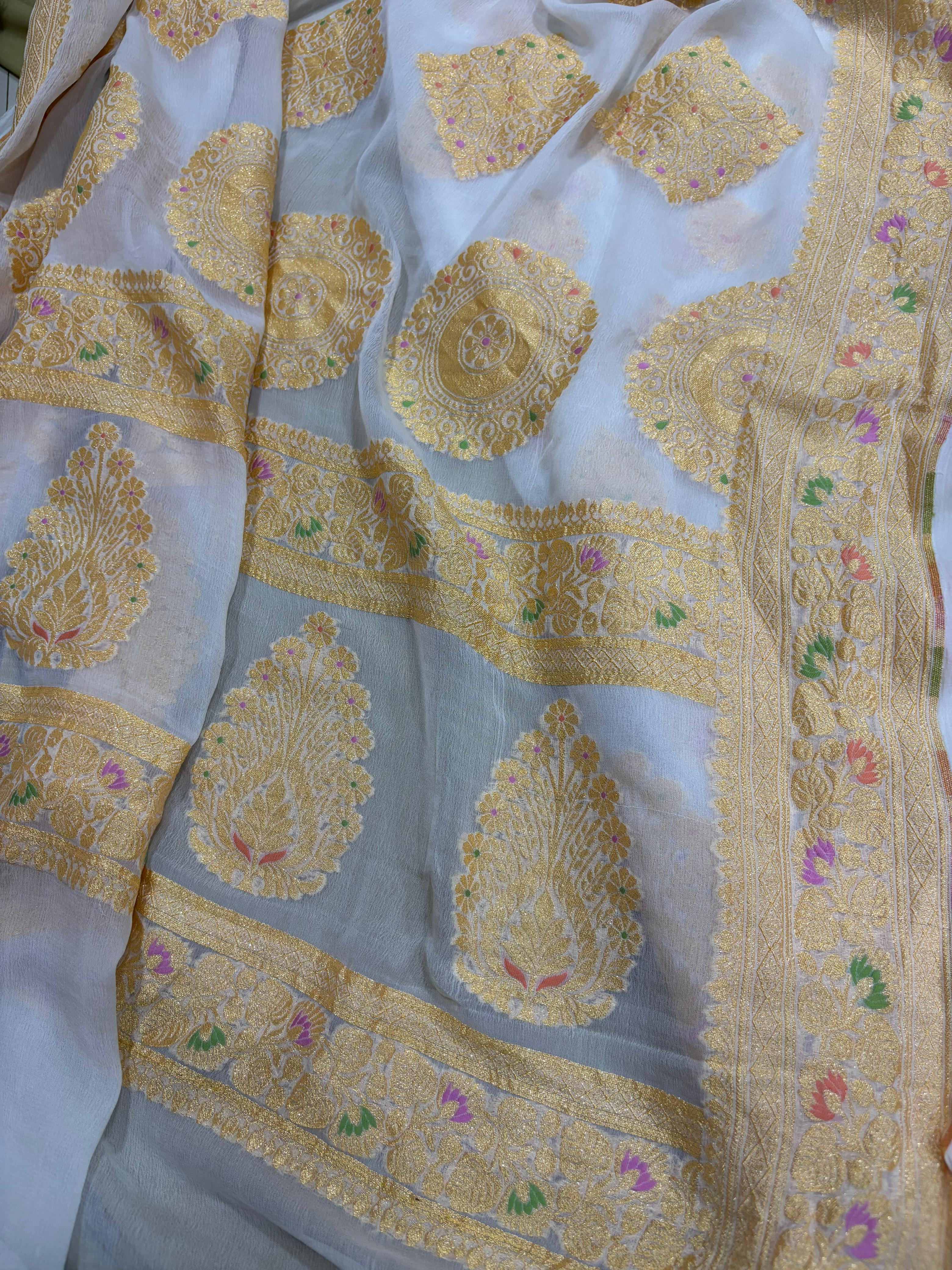 Dyeable Handloom Banarasi Pure Georgette Meenakari Three Piece Unstitched Suit Set - Luxurion World