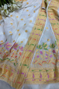 Dyeable Handloom Banarasi Pure Georgette Meenakari Paithani Border Three Piece Unstitched Suit Set - Luxurion World