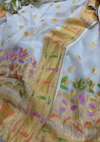 Dyeable Handloom Banarasi Pure Georgette Meenakari Paithani Border Three Piece Unstitched Suit Set - Luxurion World