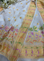 Dyeable Handloom Banarasi Pure Georgette Meenakari Paithani Border Three Piece Unstitched Suit Set - Luxurion World