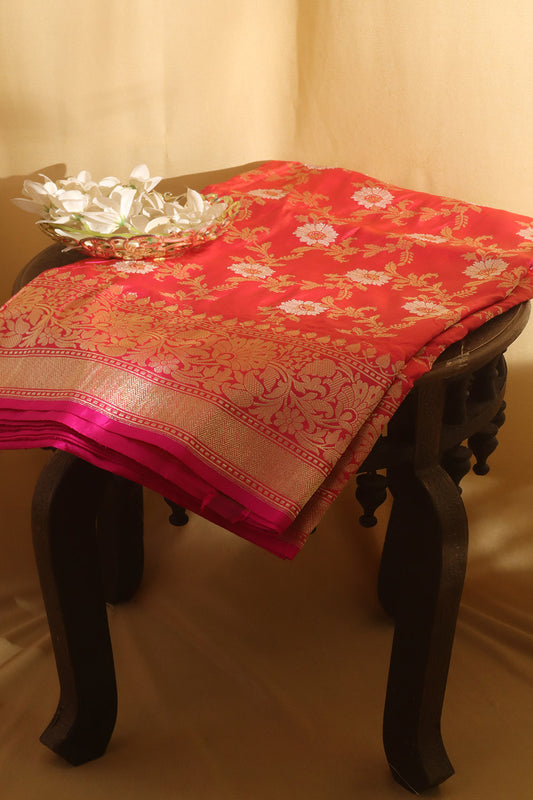 Pink Shot Banarasi Handloom Pure Katan Silk Kadwa Saree - Luxurion World