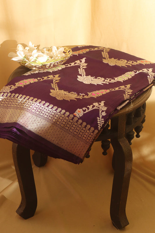 Purple Banarasi Handloom Pure Katan Silk Kadwa Saree - Luxurion World