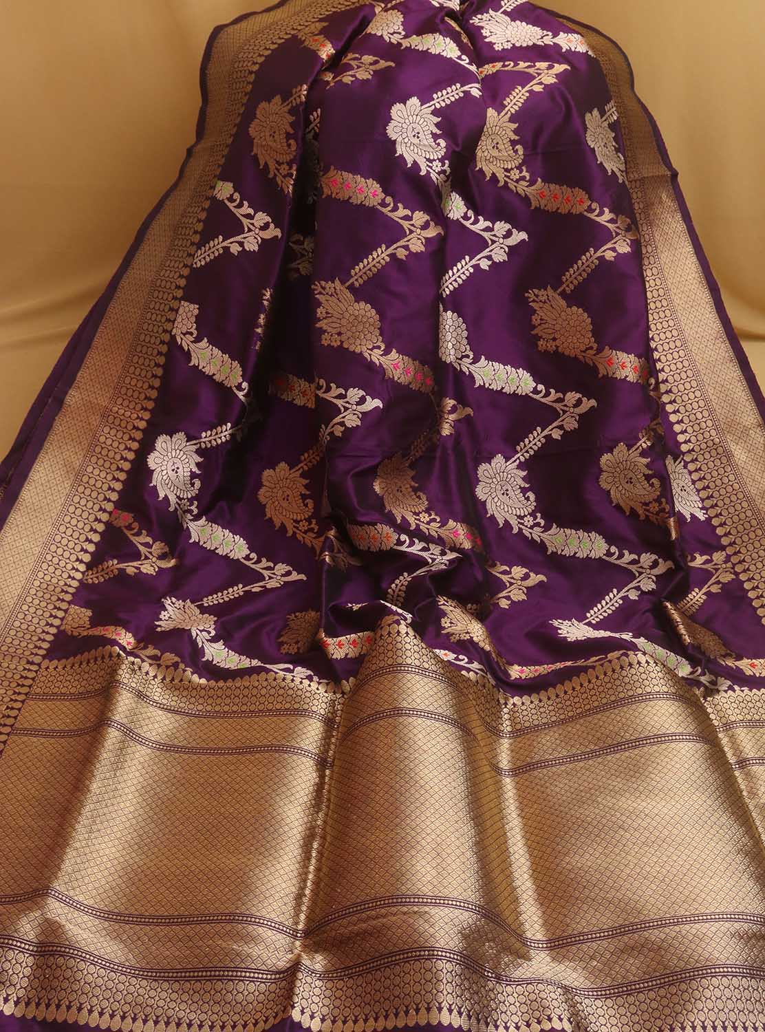 Purple Banarasi Handloom Pure Katan Silk Kadwa Saree - Luxurion World
