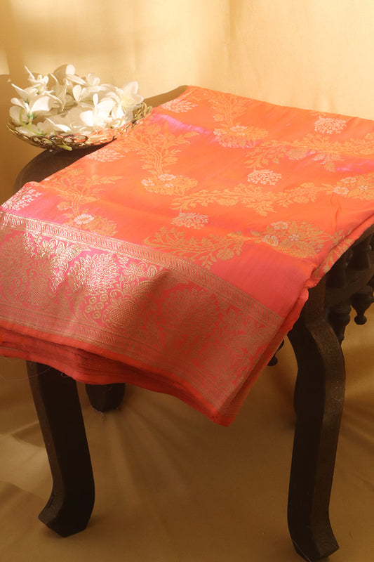 Peach And Pink Banarasi Handloom Pure Katan Silk Kadwa Saree - Luxurion World