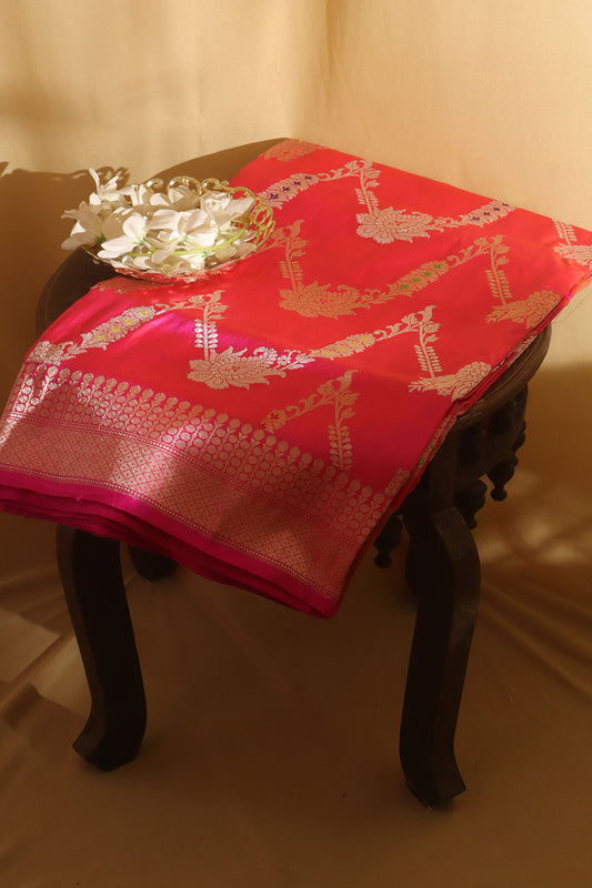 Pink Shot Banarasi Handloom Pure Katan Silk Kadwa Saree - Luxurion World