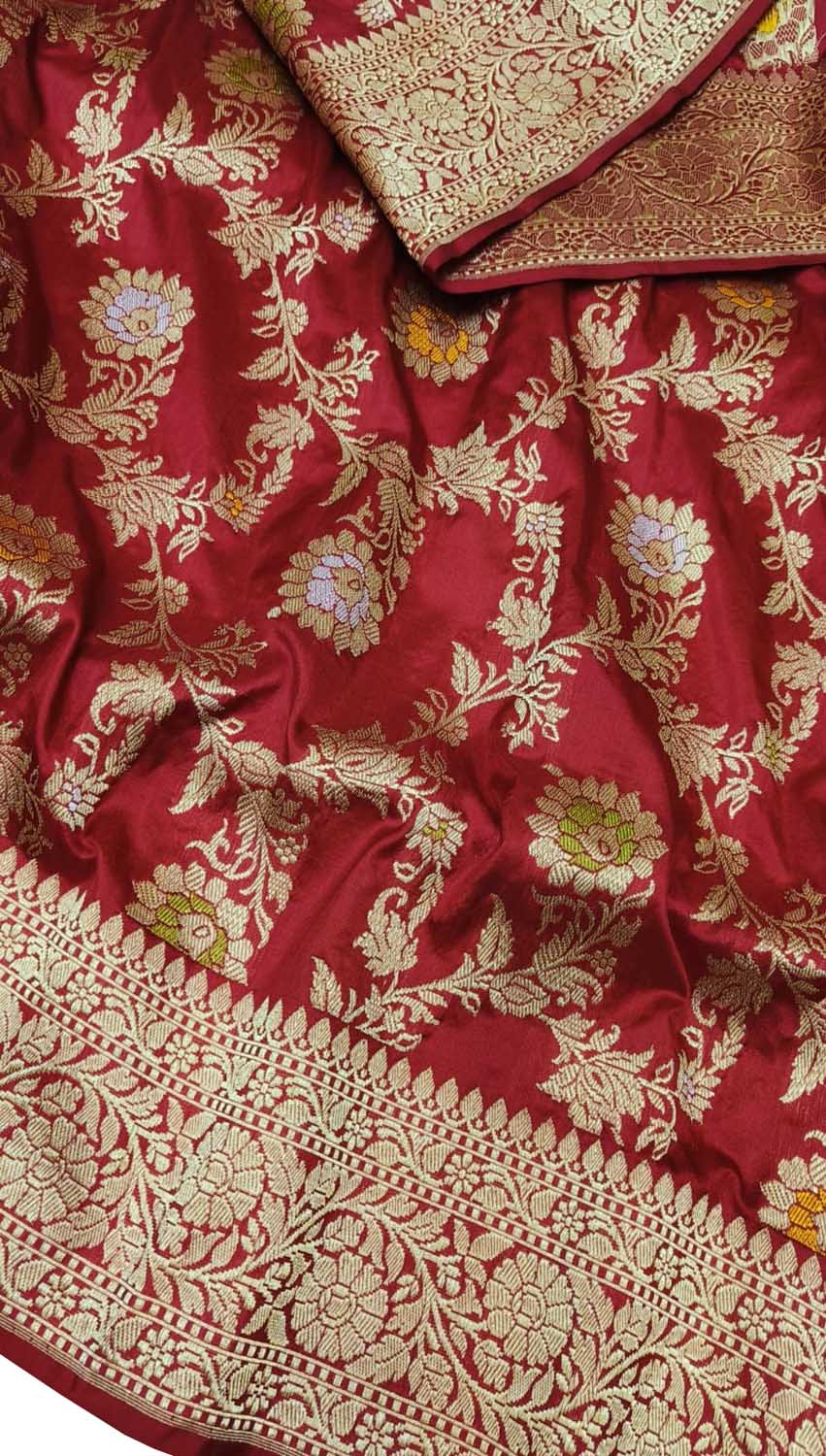 Red Banarasi Pure Katan Silk Handloom Jaal Work Meenakari Saree - Luxurion World