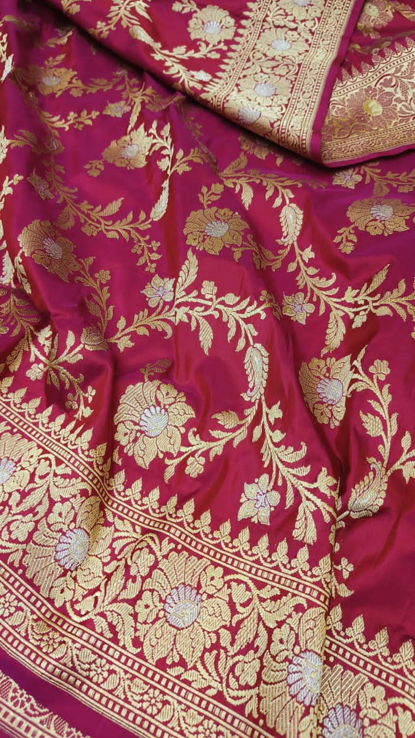 Pink Banarasi Pure Katan Silk Handloom Jaal Work Saree - Luxurion World