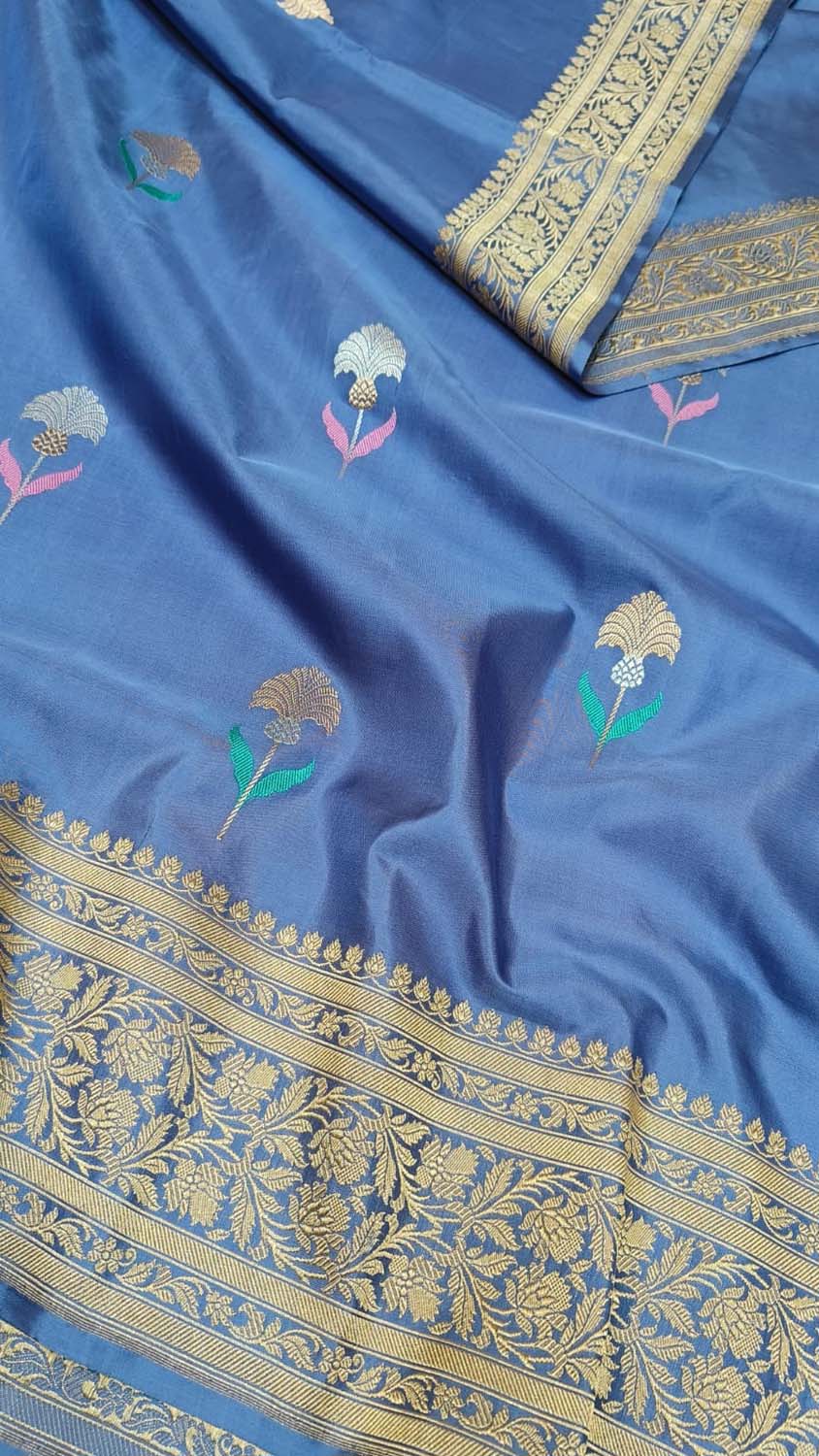 Blue Banarasi Pure Katan Silk Handloom Flower Design Saree - Luxurion World