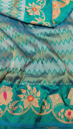 Blue Banarasi Pure Katan Silk Handloom Zig Zag Line Saree - Luxurion World