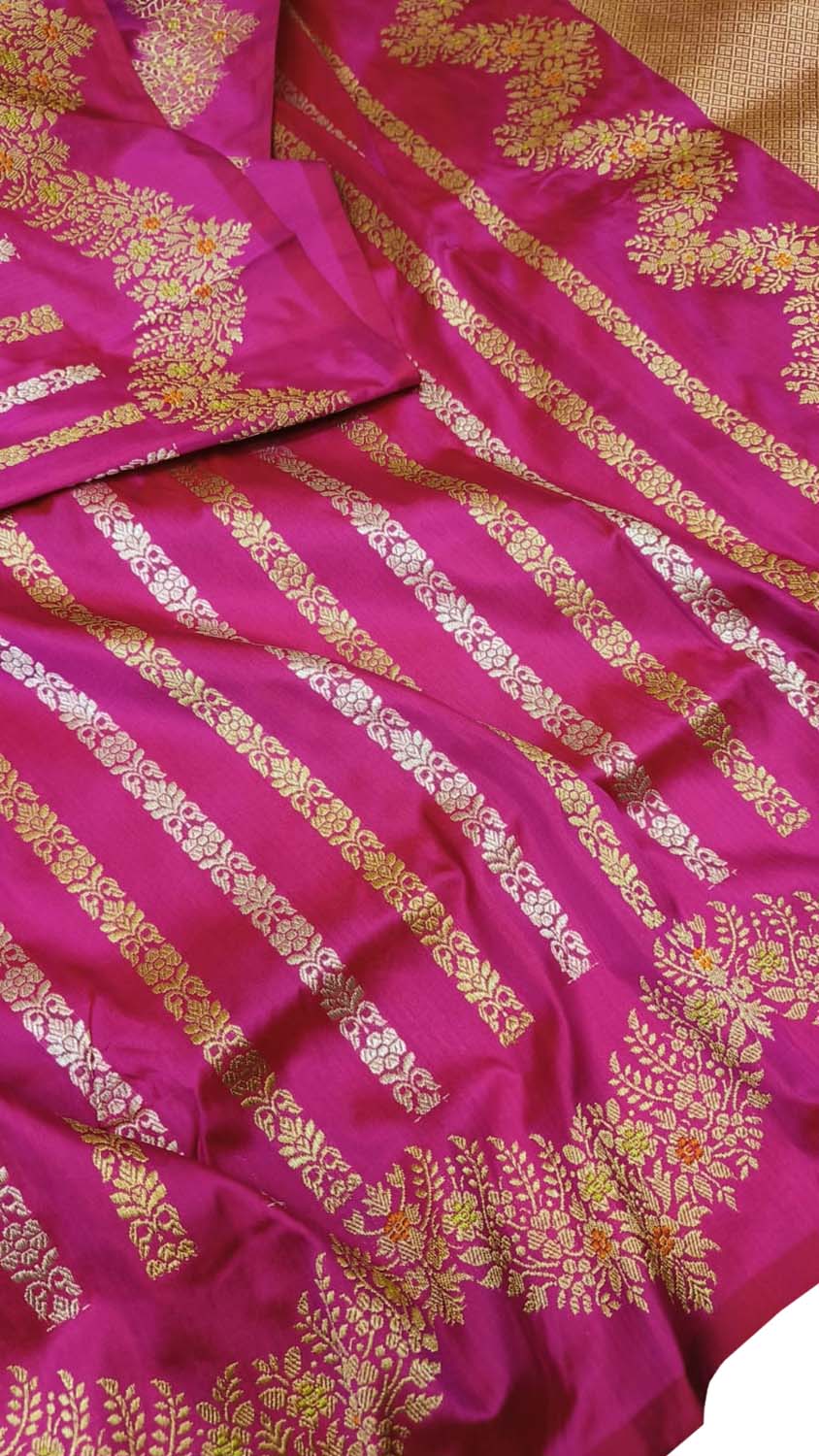 Pink Banarasi Pure Katan Silk Handloom Stripe Design Saree - Luxurion World