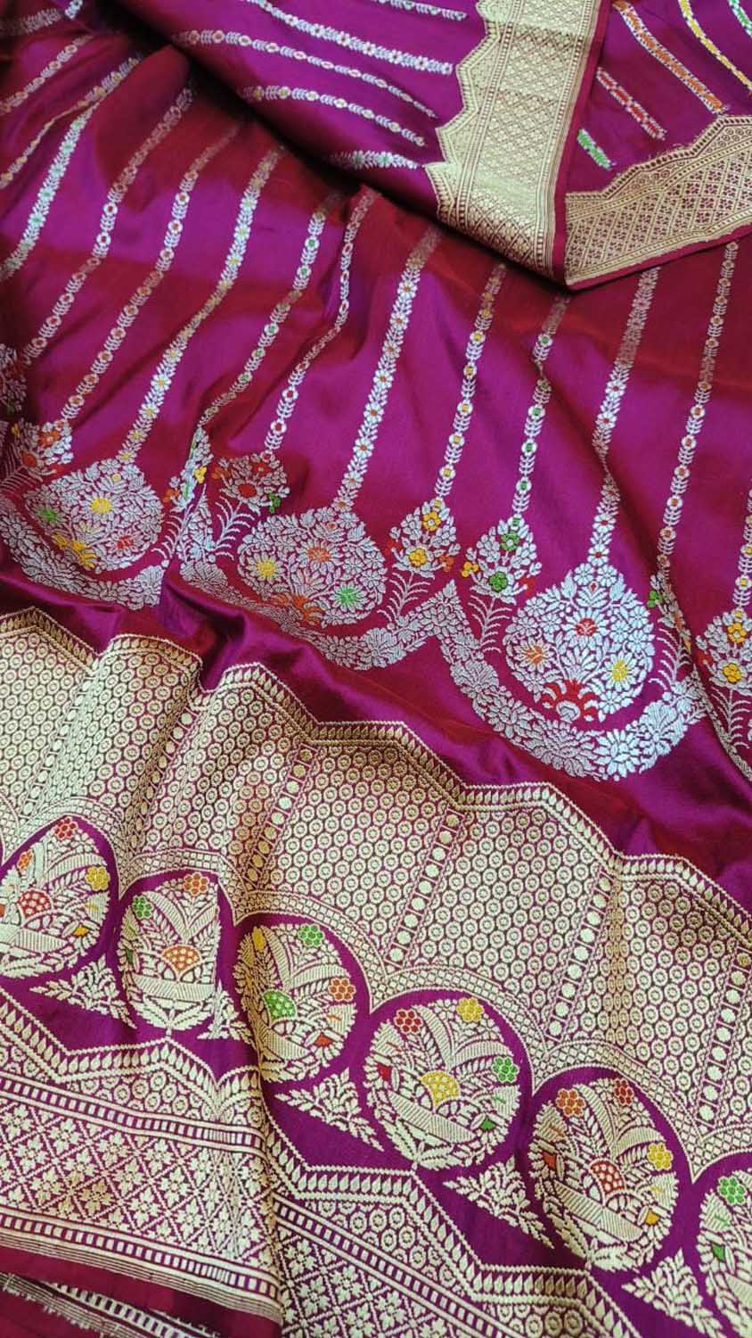 Pink Banarasi Pure Katan Silk Handloom Stripe Design Saree - Luxurion World