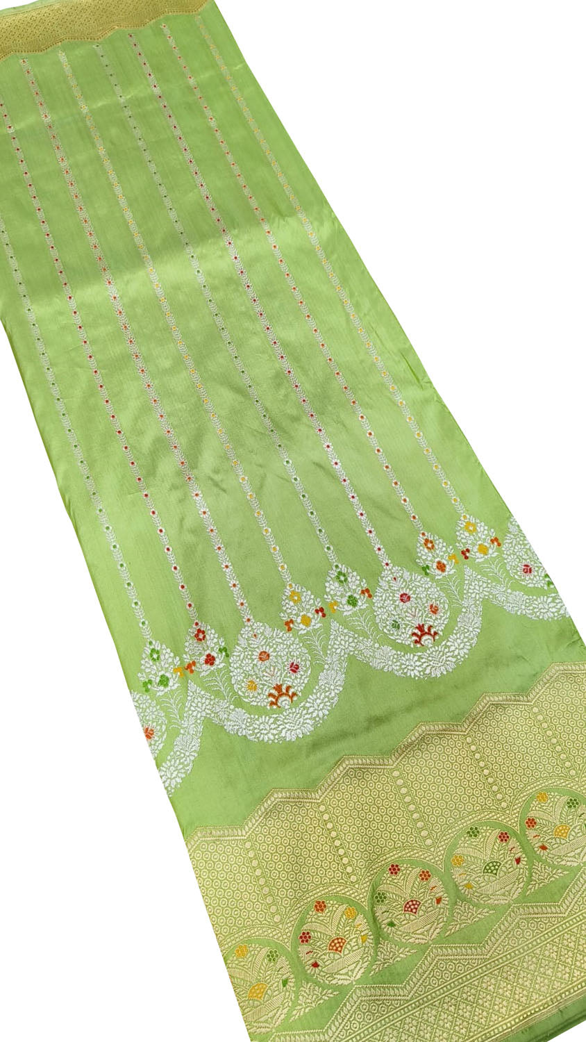 Green Banarasi Pure Katan Silk Handloom Stripe Design Saree - Luxurion World