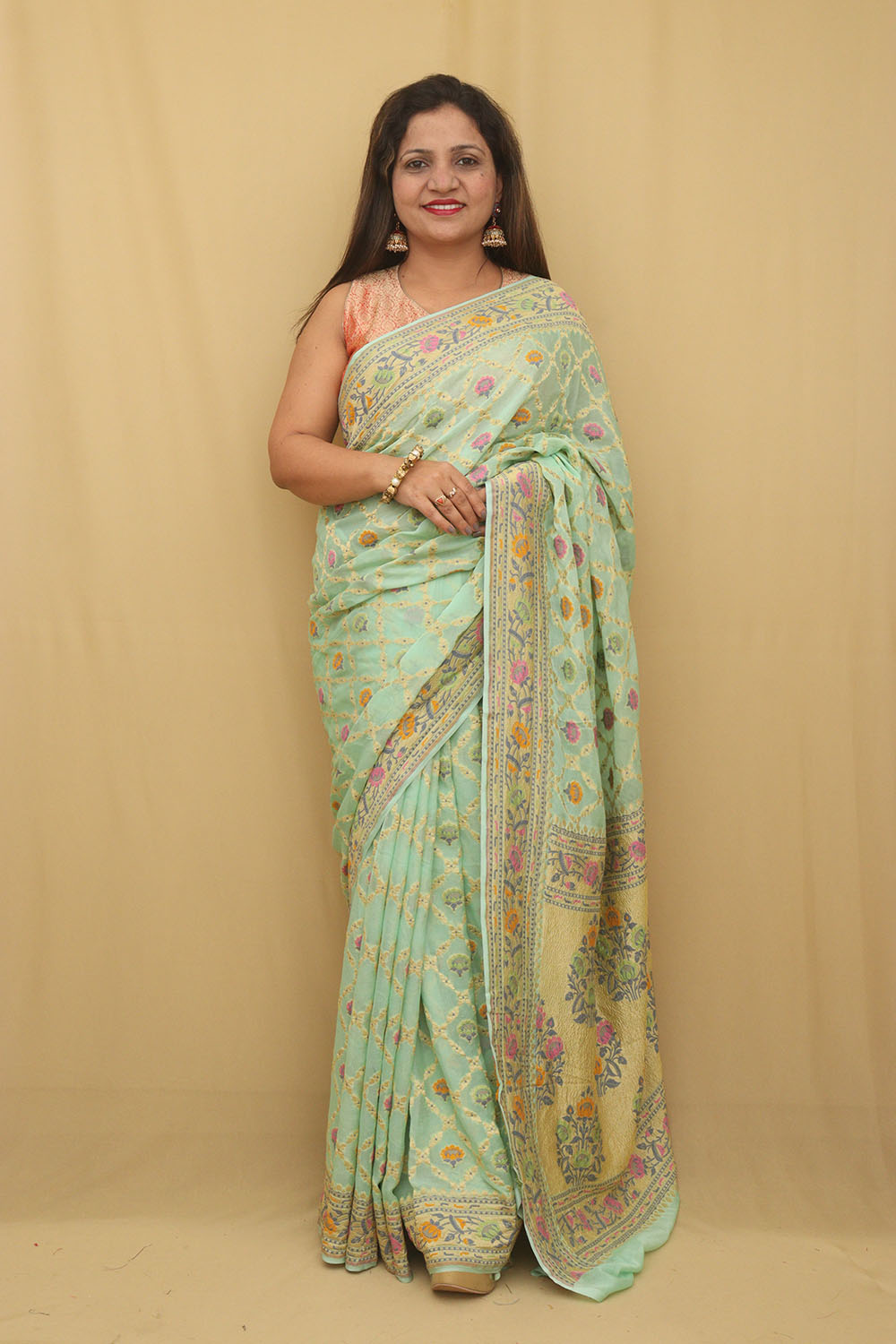 Green Banarasi Handloom Pure Georgette Meenakari Saree - Luxurion World