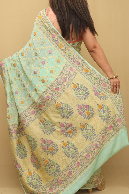 Green Banarasi Handloom Pure Georgette Meenakari Saree - Luxurion World