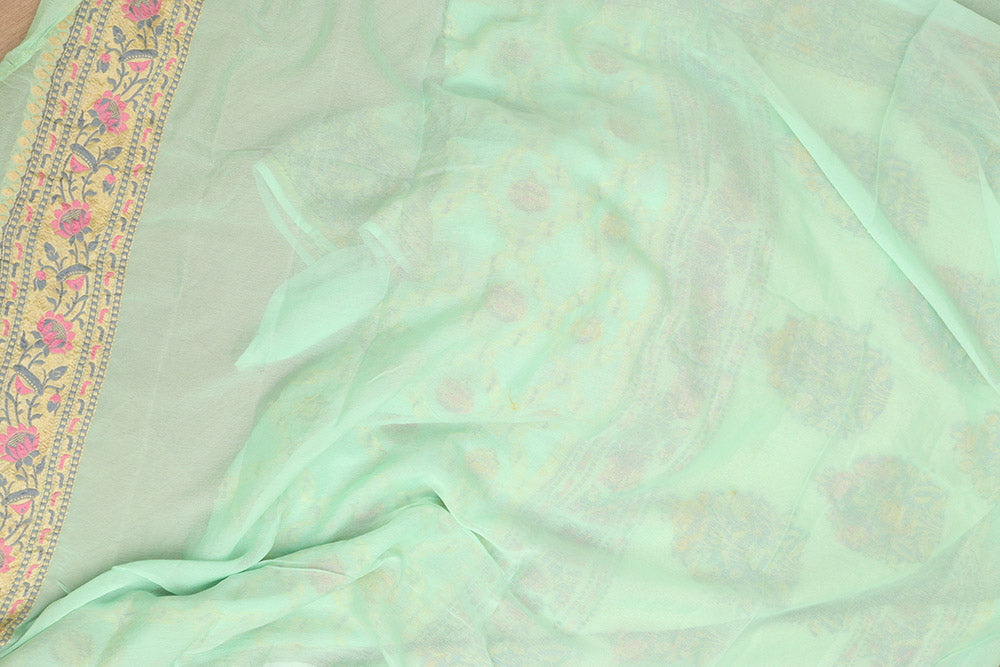 Green Banarasi Handloom Pure Georgette Meenakari Saree - Luxurion World