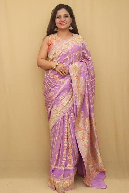 Purple Banarasi Handloom Pure Georgette Meenakari Saree - Luxurion World