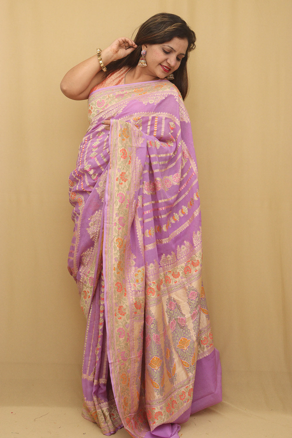 Purple Banarasi Handloom Pure Georgette Meenakari Saree - Luxurion World