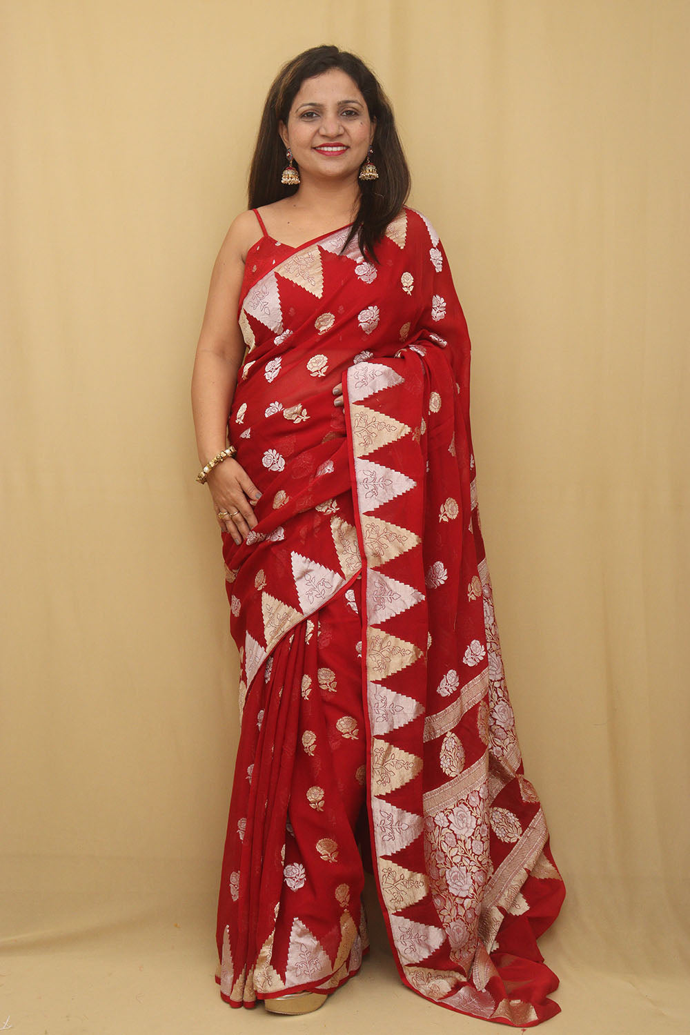 Red Banarasi Handloom Pure Georgette Sona Roopa Saree - Luxurion World