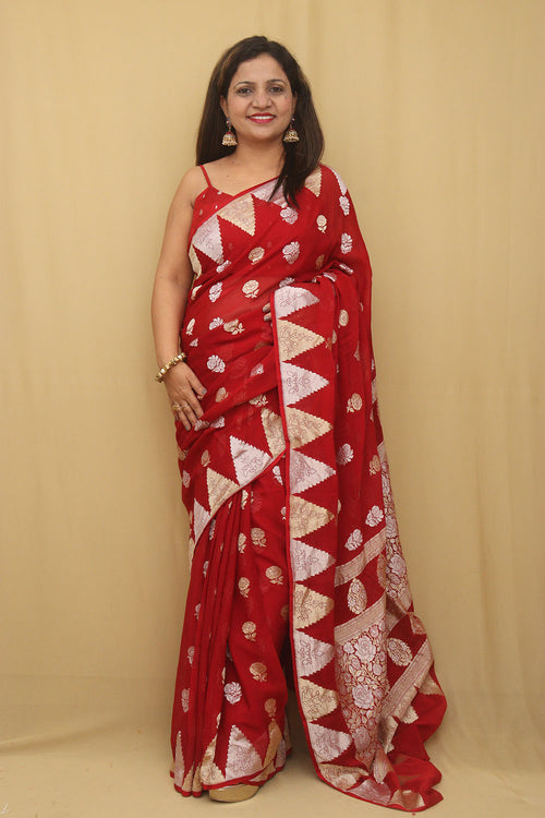 Red Banarasi Handloom Pure Georgette Sona Roopa Saree - Luxurion World