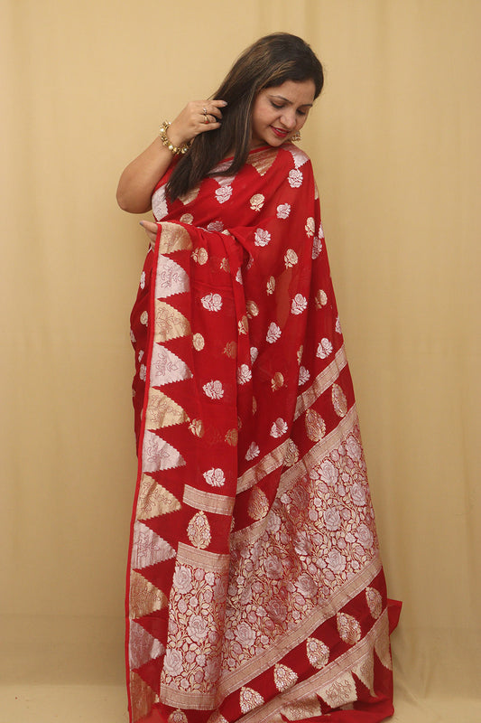 Red Banarasi Handloom Pure Georgette Sona Roopa Saree - Luxurion World