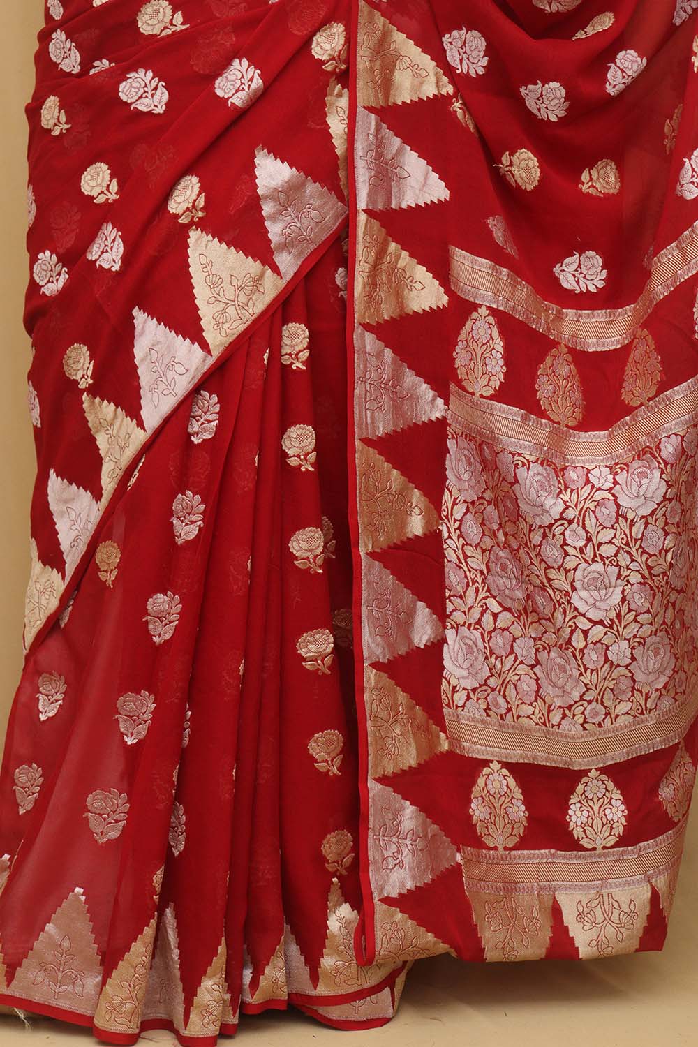 Red Banarasi Handloom Pure Georgette Sona Roopa Saree - Luxurion World