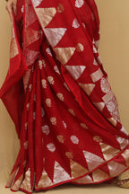 Red Banarasi Handloom Pure Georgette Sona Roopa Saree - Luxurion World