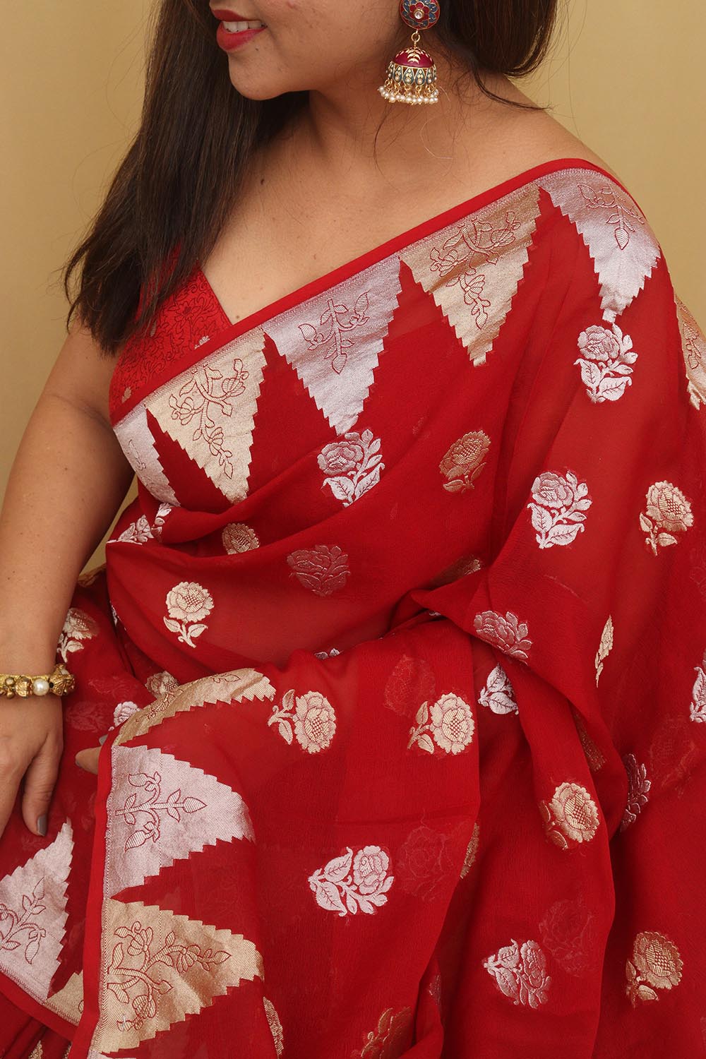 Red Banarasi Handloom Pure Georgette Sona Roopa Saree - Luxurion World