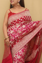 Pink And Red Banarasi Handloom Pure Georgette Saree - Luxurion World