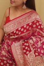 Pink And Red Banarasi Handloom Pure Georgette Saree - Luxurion World