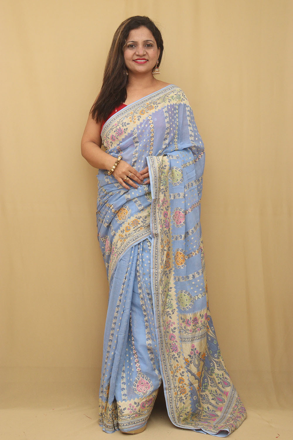 Blue Banarasi Handloom Pure Georgette Meenakari Saree - Luxurion World