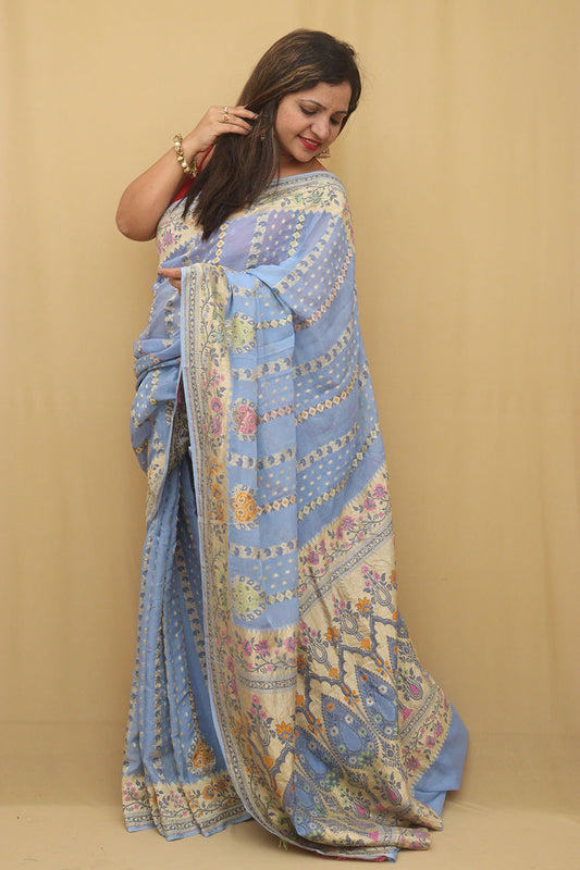 Blue Banarasi Handloom Pure Georgette Meenakari Saree - Luxurion World