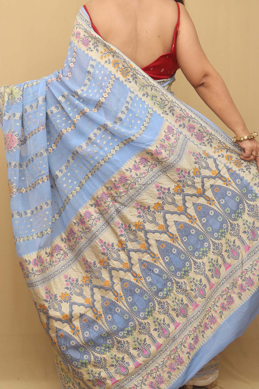 Blue Banarasi Handloom Pure Georgette Meenakari Saree - Luxurion World