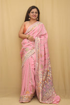 Pink Handloom Banarasi Pure Moonga Silk Meenakari Saree - Luxurion World