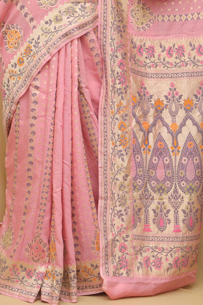 Pink Handloom Banarasi Pure Moonga Silk Meenakari Saree - Luxurion World