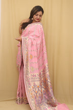 Pink Handloom Banarasi Pure Moonga Silk Meenakari Saree - Luxurion World
