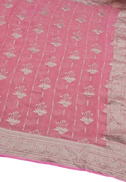 Beautiful Pink Handloom Banarasi Pure Tissue Georgette Saree - Luxurion World