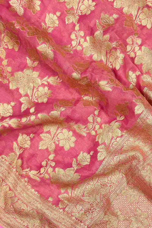 Beautiful Pink Handloom Banarasi Pure Tissue Georgette Saree - Luxurion World
